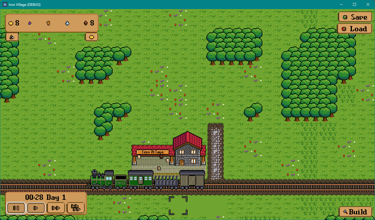 A screenshot of Iron Village, with its train station, a train, and some pops it dropped off.